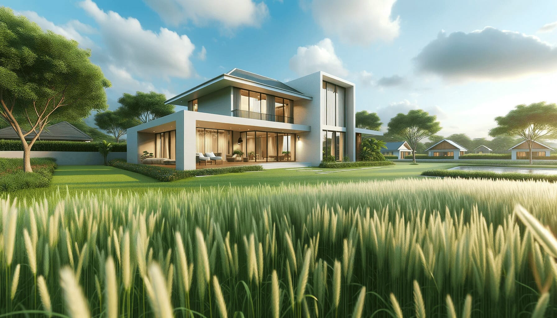 DALL·E 2023 10 16 13.43.38 Photo of a newly built modern home on an individual plot of land with a foreground of green grass and a clear sky