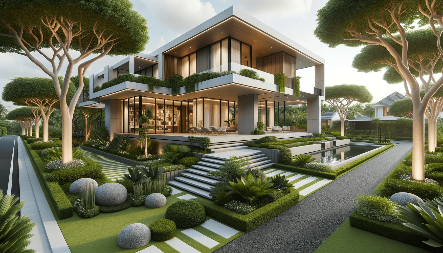 DALL·E 2023 10 16 13.53.02 Photo of a contemporary house with distinct architectural design elements placed amidst a landscaped garden