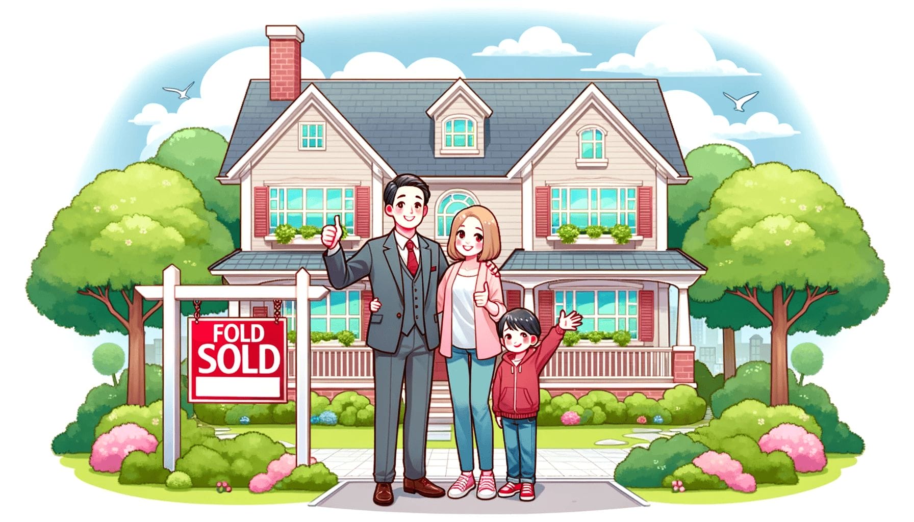 DALL·E 2023 10 16 16.54.22 Illustration of a family standing in front of their new dream house with a sold sign