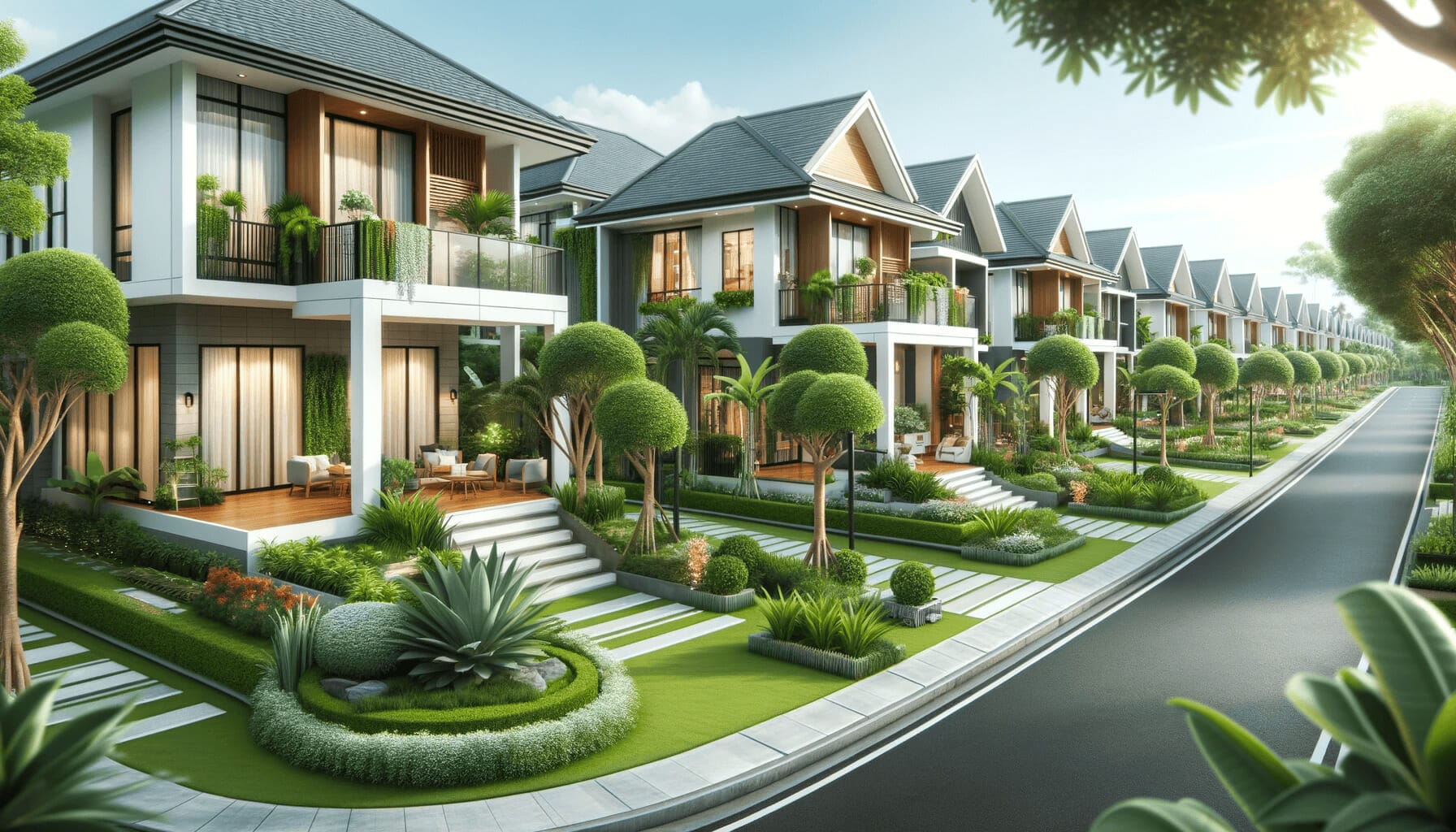DALL·E 2023 10 16 16.54.28 Photo of a stylish new housing development showcasing various house designs with greenery around