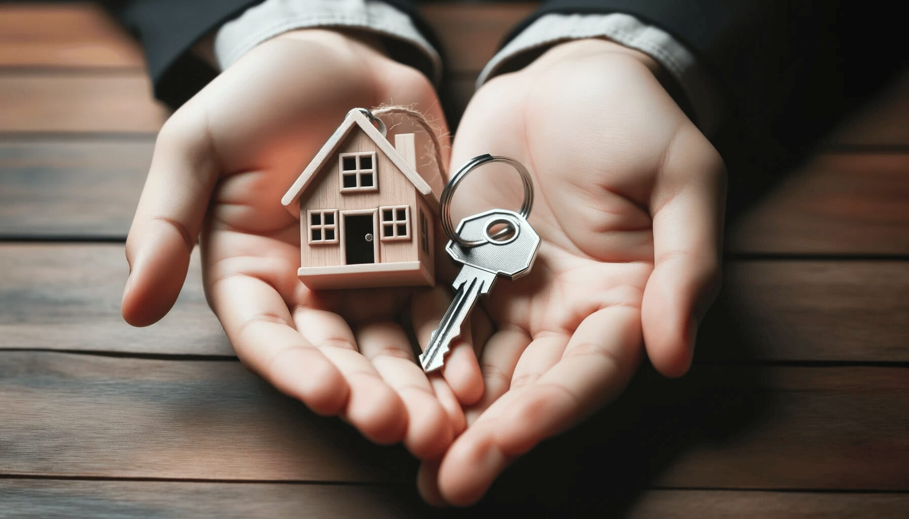 DALL·E 2023 10 16 17.15.43 Photo of a hand holding a house key with a keychain in the shape of a house representing the achievement of obtaining a housing loan