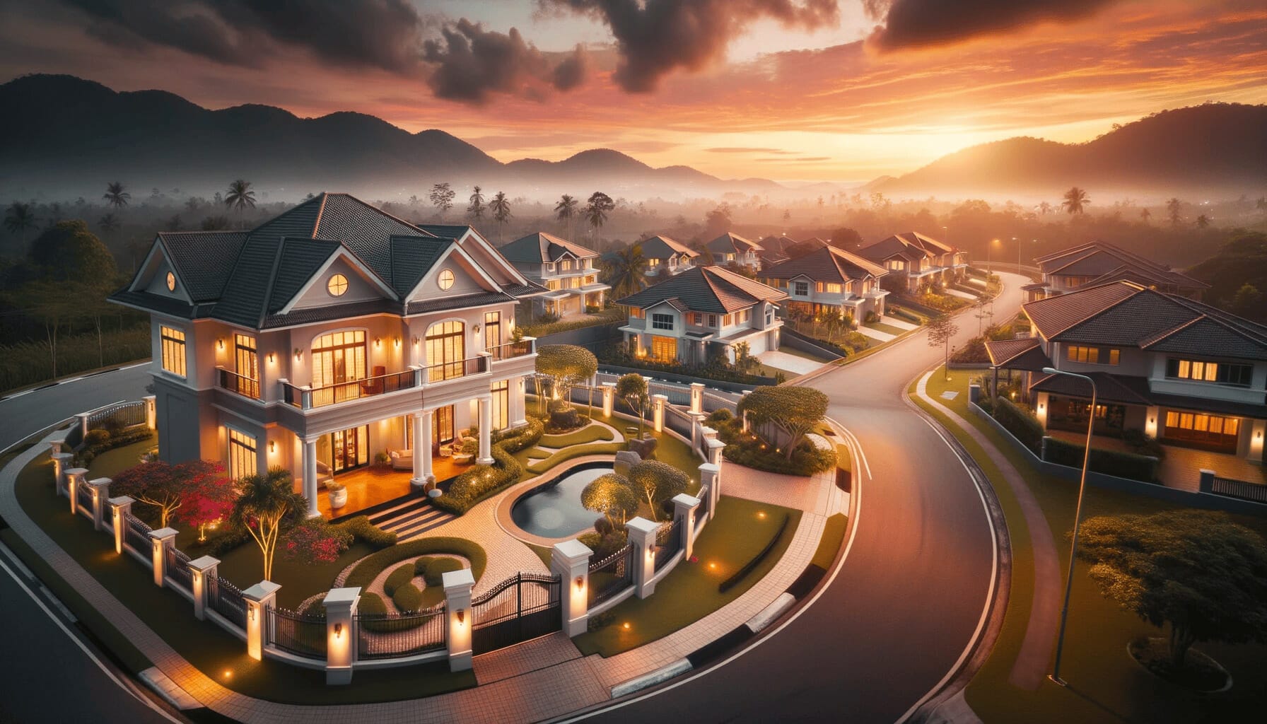DALL·E 2023 10 16 17.15.47 Photo of a beautiful suburban house in Malaysia during sunset illustrating the dream of owning a home through a housing loan