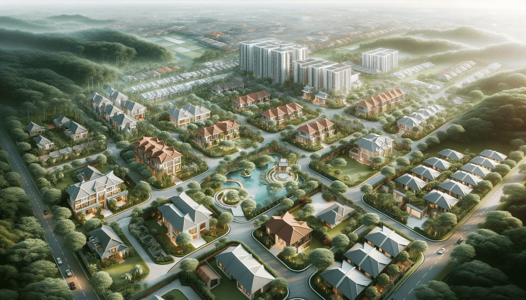 DALL·E 2023 10 16 17.26.40 An elegant birds eye view of a Malaysian housing development in 2023 showing a mix of traditional and modern homes surrounded by greenery without a