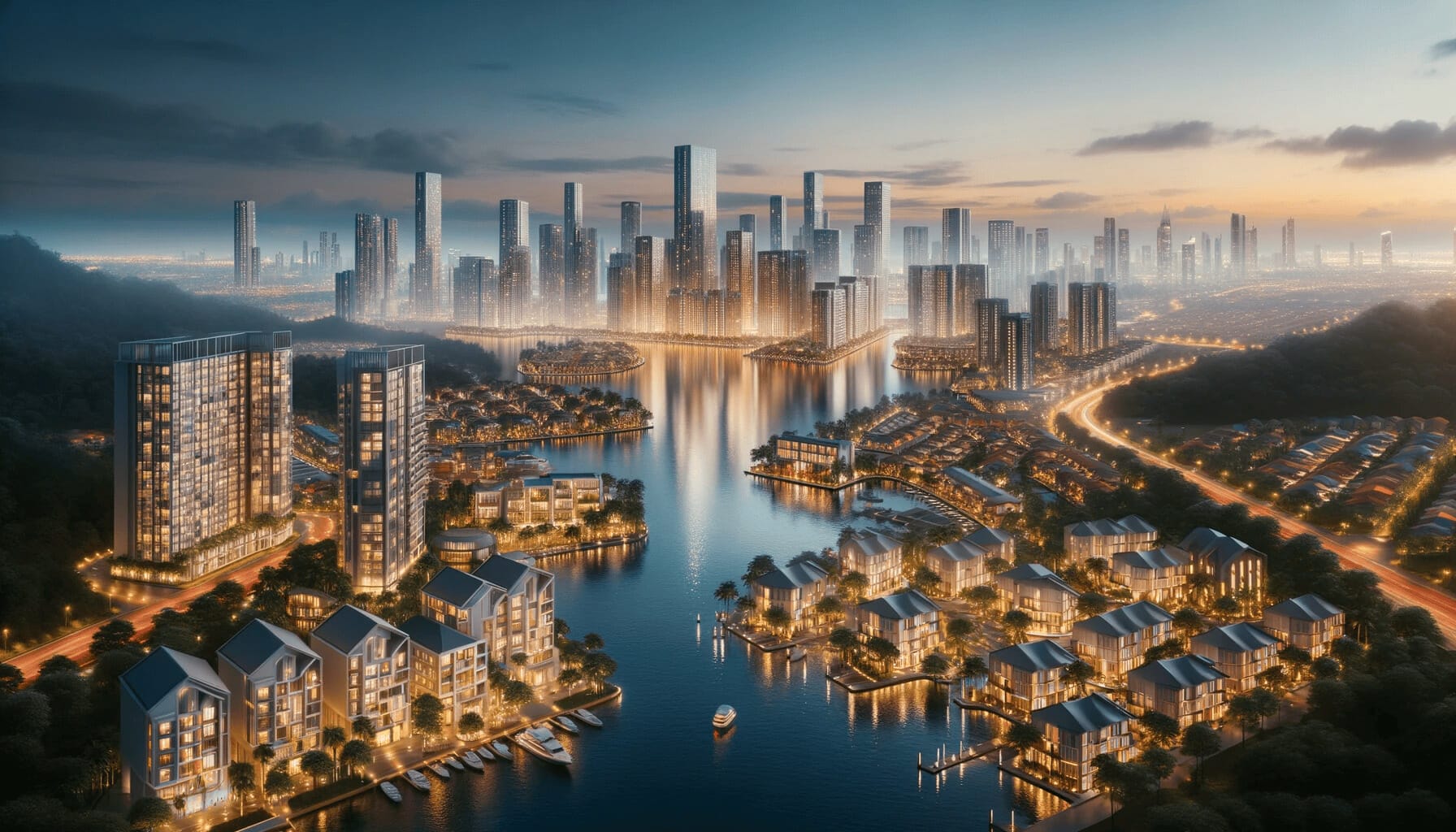 DALL·E 2023 10 16 17.26.46 A serene evening view of a Malaysian real estate landscape in 2023 with the glow of city lights waterfront properties and a calm river reflecting th