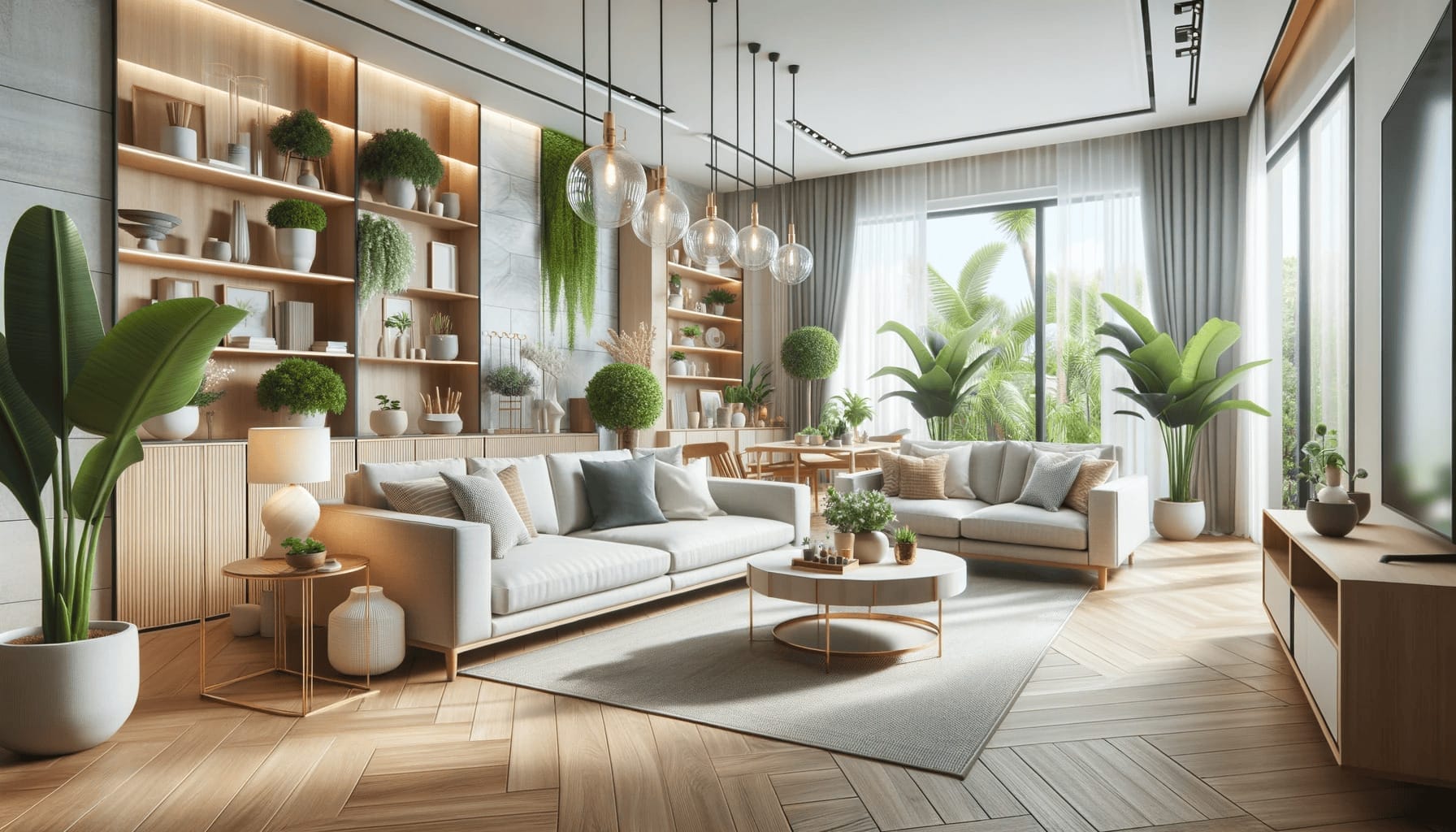 DALL·E 2023 10 17 12.22.14 Photo of a beautifully renovated living room with modern furniture natural lighting and indoor plants representing a successful DIY home improvemen