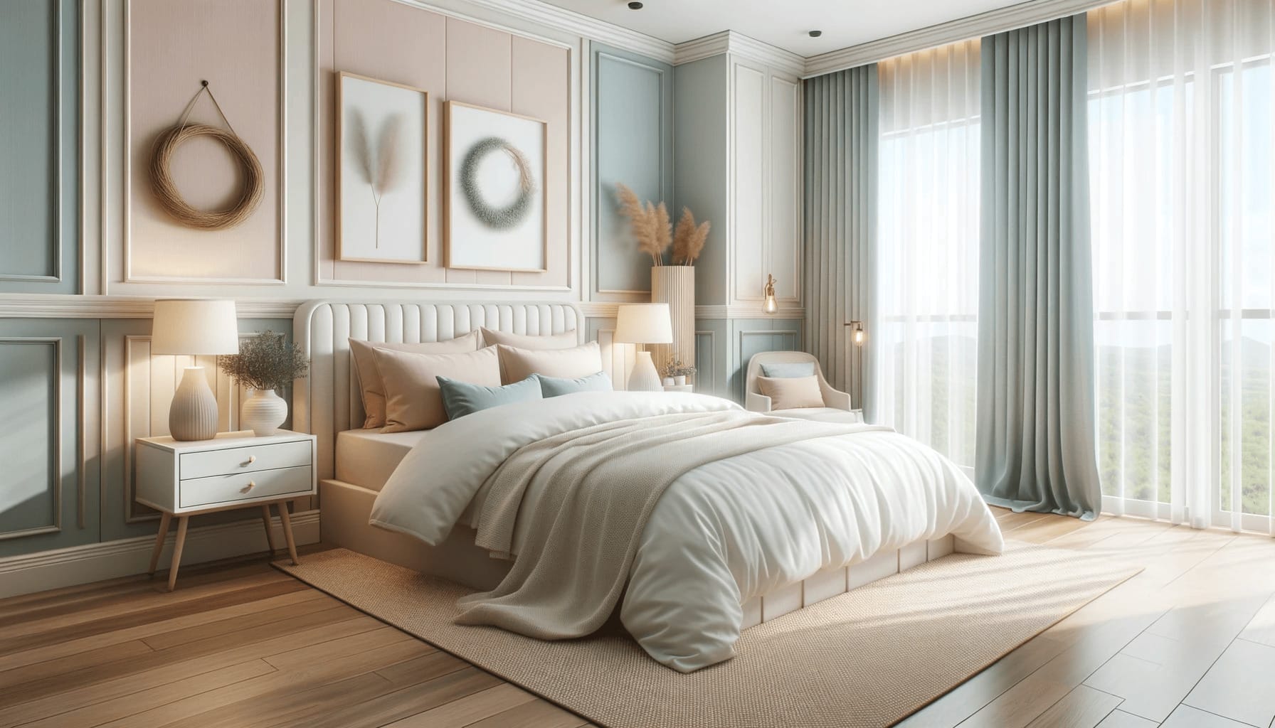 DALL·E 2023 10 17 17.45.33 Photo of a serene bedroom with pastel colors emphasizing comfort and simplicity after a cost effective remodeling