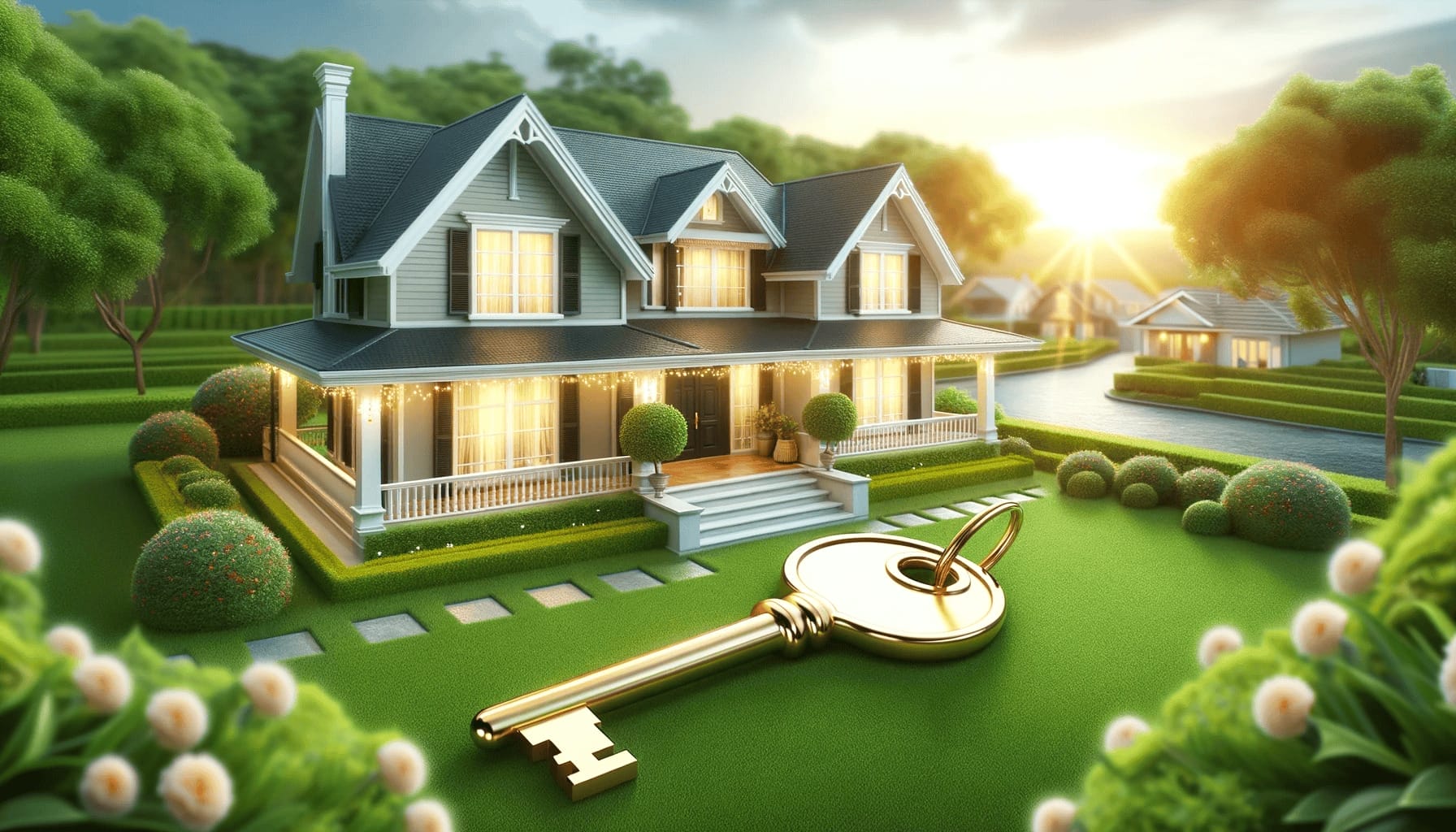 DALL·E 2023 10 17 18.31.22 Photo of a beautiful home with a green lawn and a golden key floating above it symbolizing approved home financing