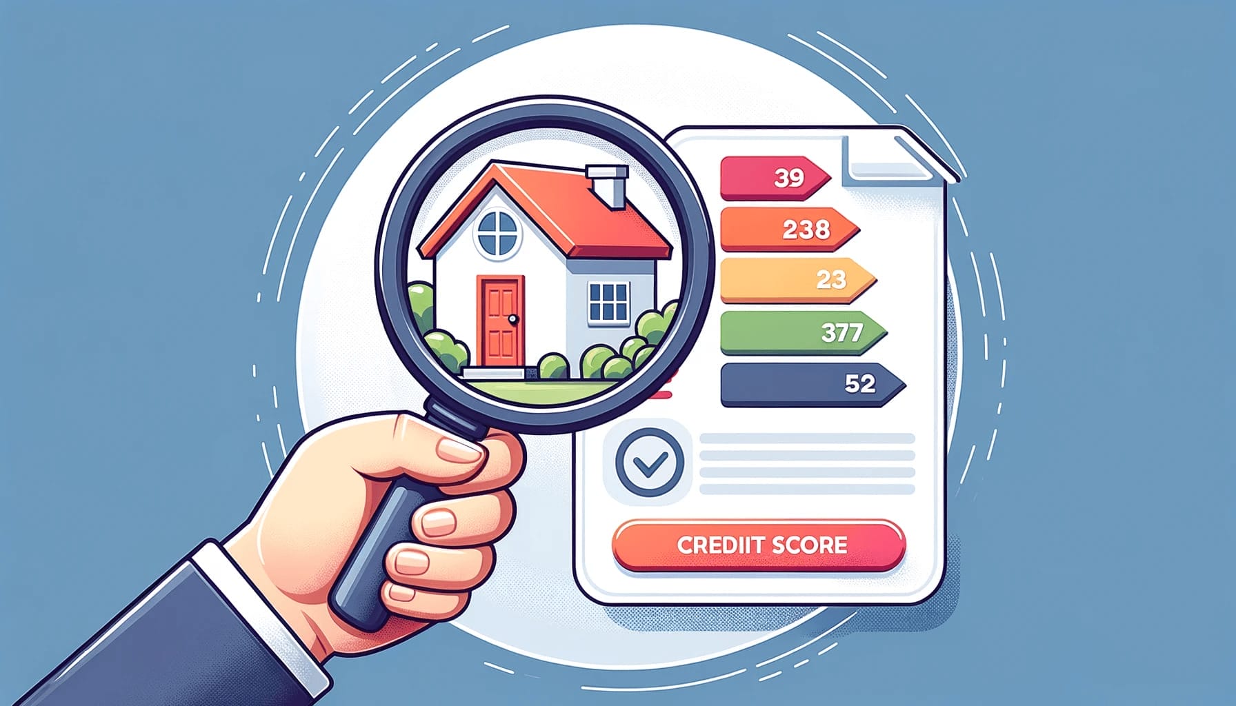 DALL·E 2023 10 17 18.31.26 Illustration of a magnifying glass over a house emphasizing the importance of understanding credit scores in home financing