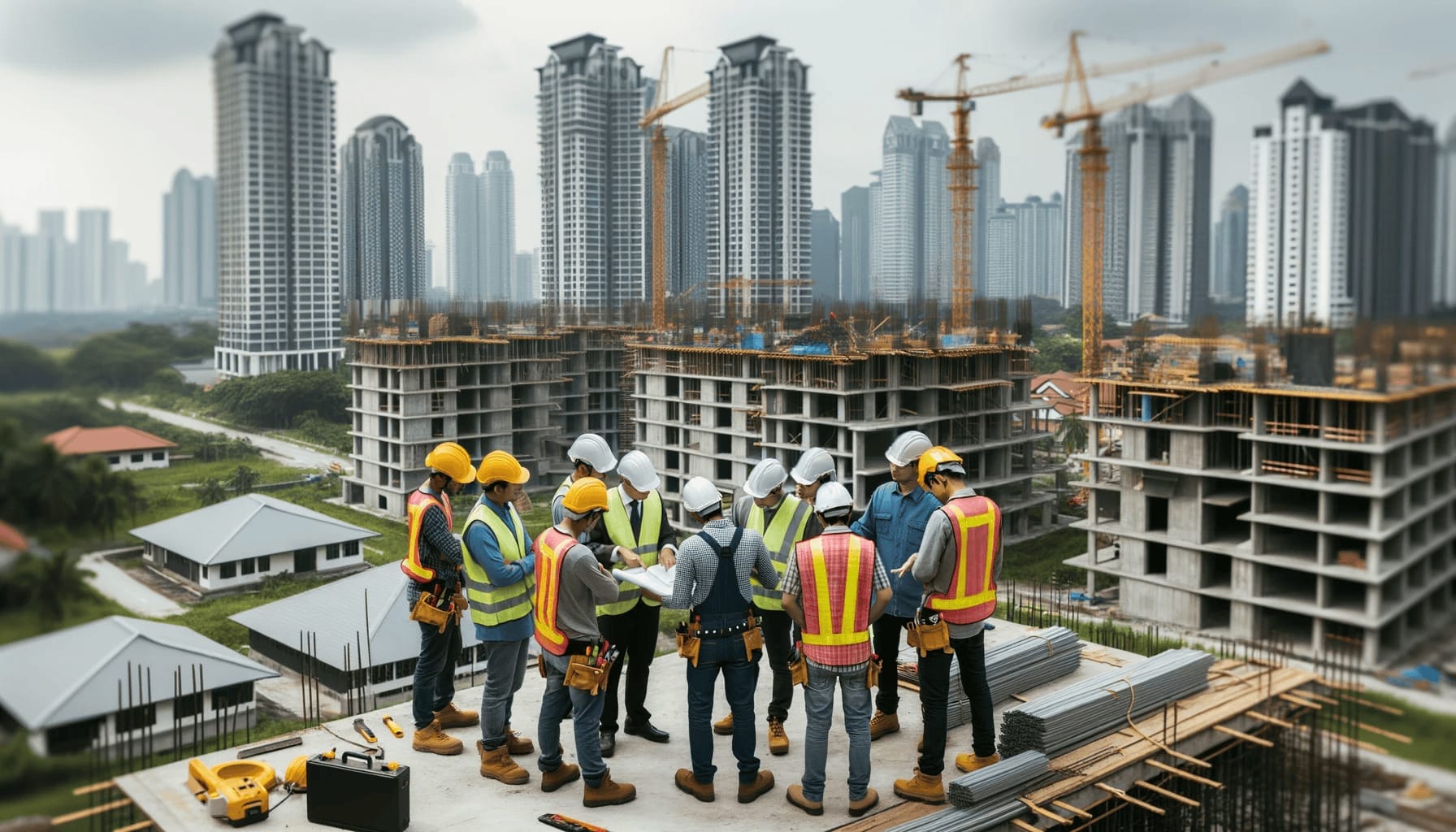 DALL·E 2023 10 19 15.49.36 Photo of a team of construction workers collaborating on a residential project in Malaysia